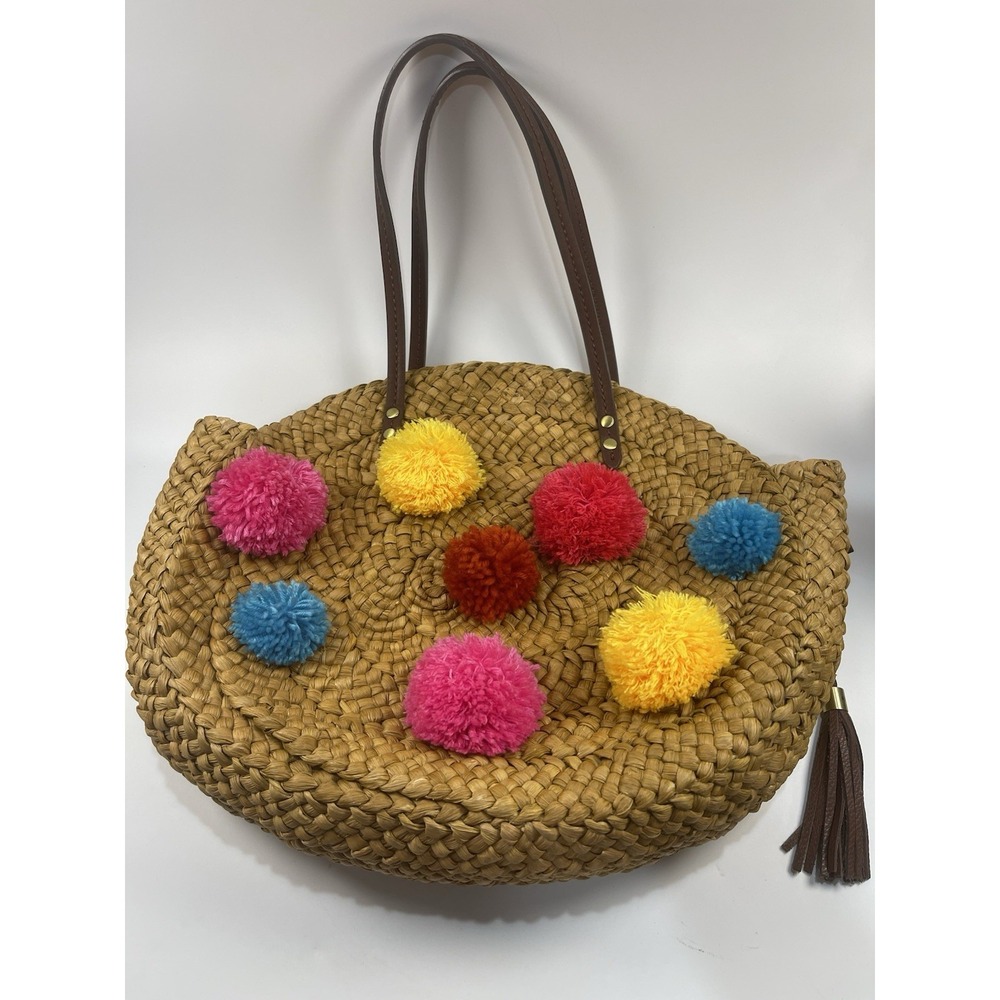 Sam Edelman Straw Yarn Multicolor Pom Poms Beach Bohemian Boho Casual Bag Tote